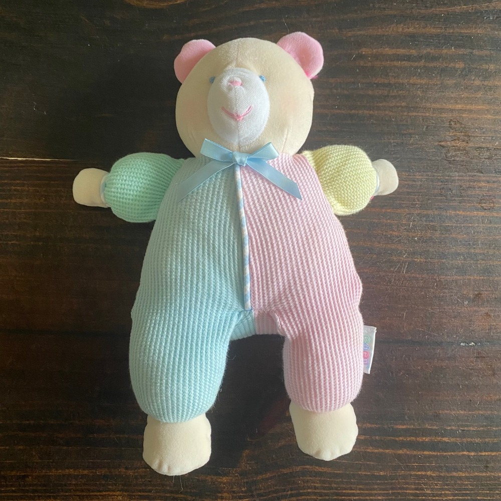 Eden Vintage Pastel Teddy Bear Colorblock Waffle Knit Plush Toy 2009 Nursery